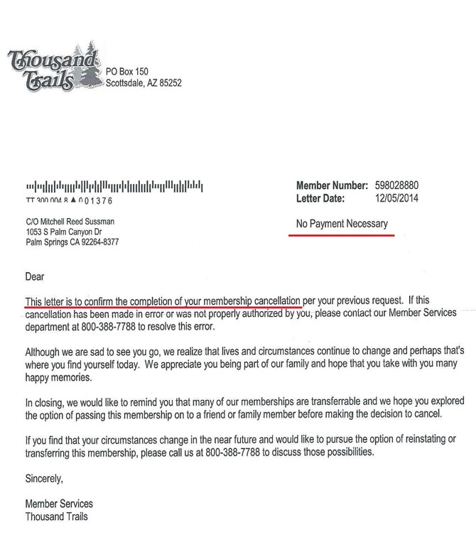 Timeshare Legal Action Thousand Trails Timeshare Cancellation Letter