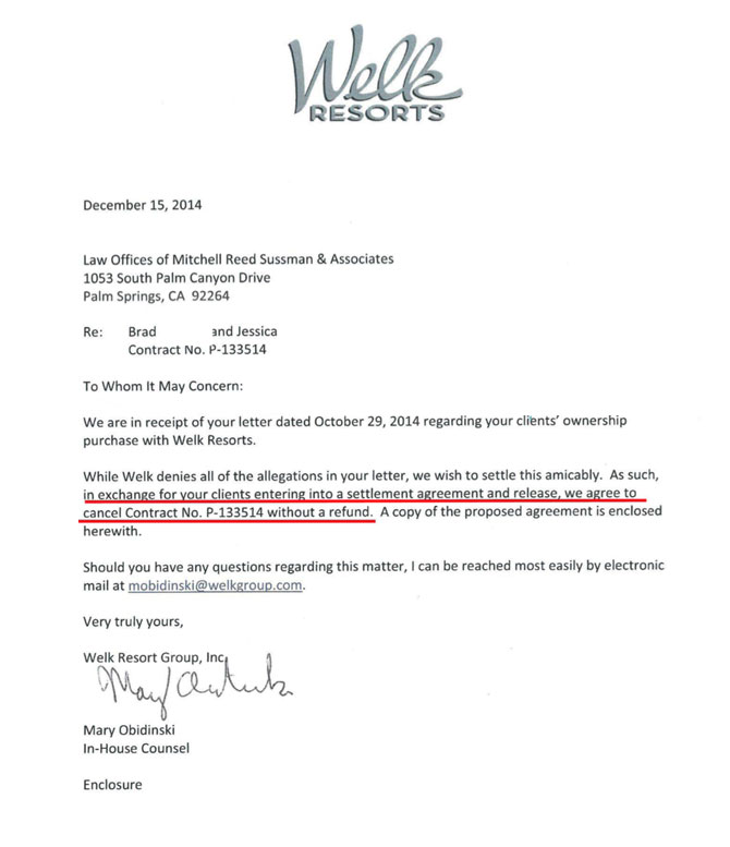 Timeshare Legal Action Welk Resorts Timeshare Cancellation Letter